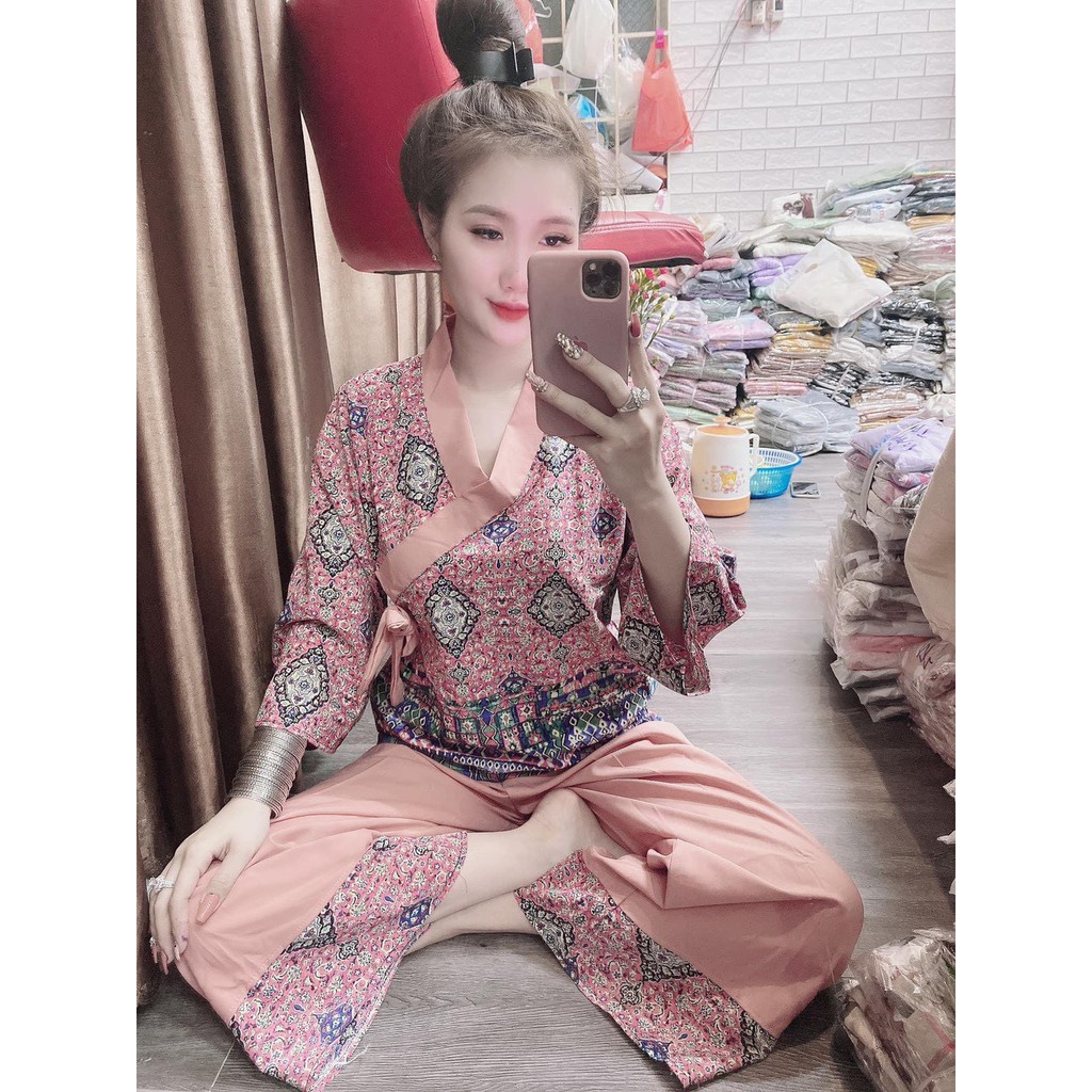 Bộ Lam thổ cẩm viền chéo kèm nơ dễ thương - Đồ bộ phật tử (hàng mới về kèm hình thật) | BigBuy360 - bigbuy360.vn