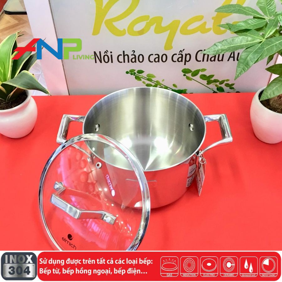 Bộ Nồi 4 Chiếc Inox 304 3 Lớp Đáy Liền  ELMICH Potenza Size 16/20/24 Chảo 26cm