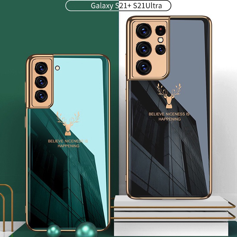 Ốp điện thoại mặt kính mạ điện in hình hươu sang trọng cho Samsung Galaxy S21 Ultra S21 Plus S21+