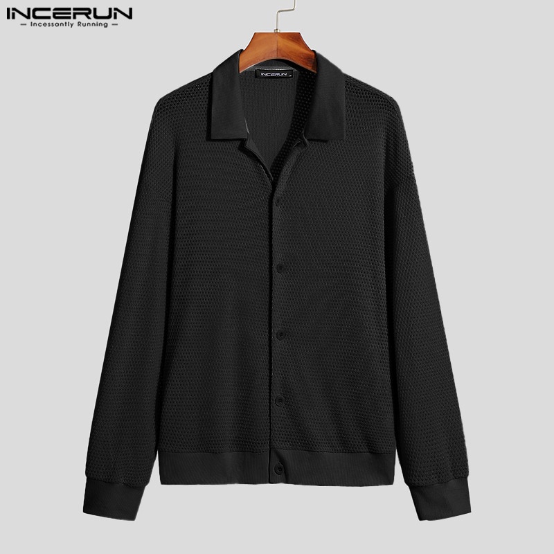 Áo sơ mi INCERUN tay dài cổ bẻ nhìn thấu cài nút hợp thời trang cho nam