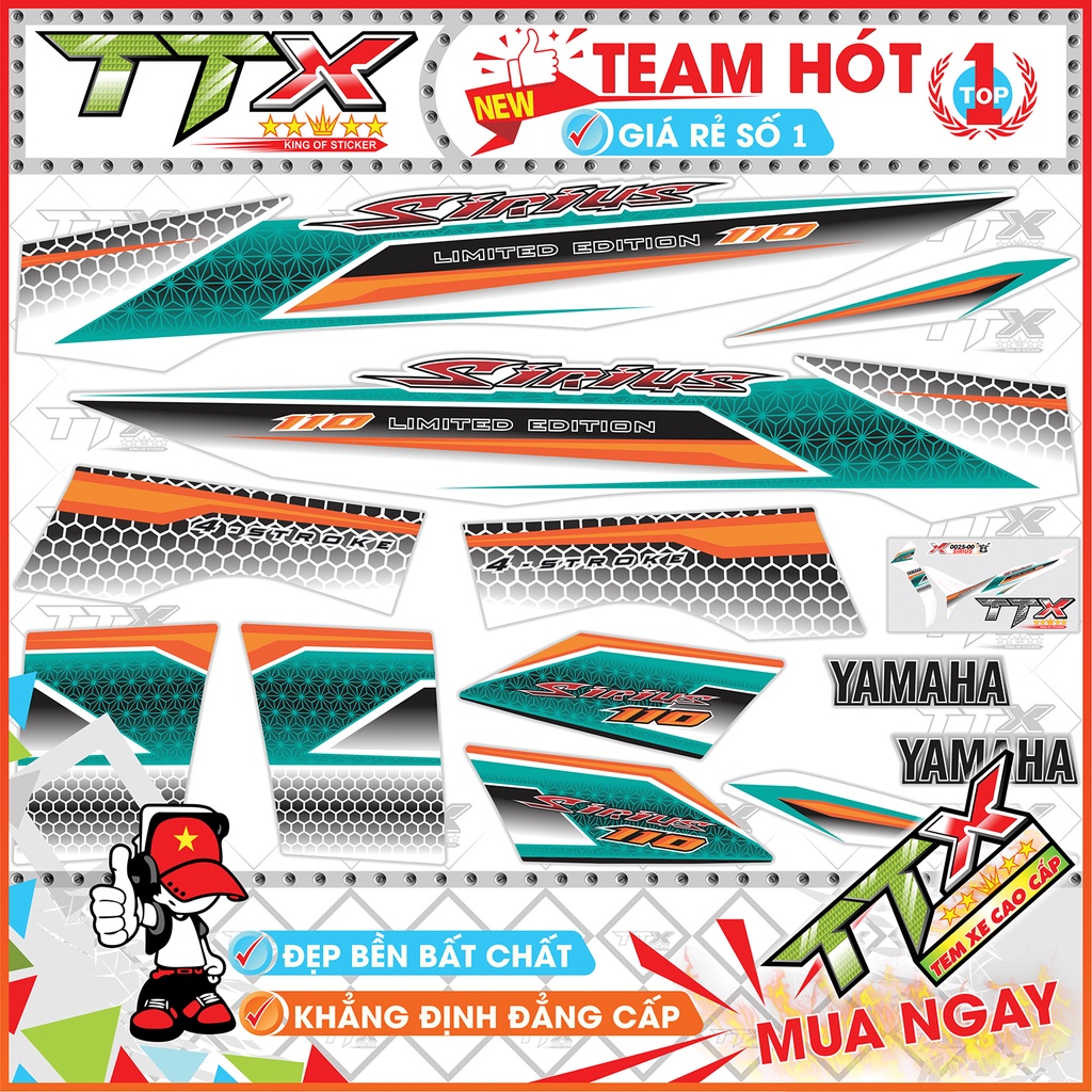 Tem rời sirius chấm bi , Team chế sirius dán xe màu xanh nền trắng siêu đẹp , Shop TTX Tem xe sirius mã