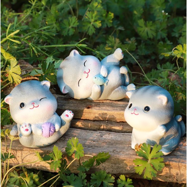 Set mô hình 5 mèo con SOUVENIRS, mô hình mèo mini để bàn màu xám full biểu cảm đáng yêu dễ thương cute