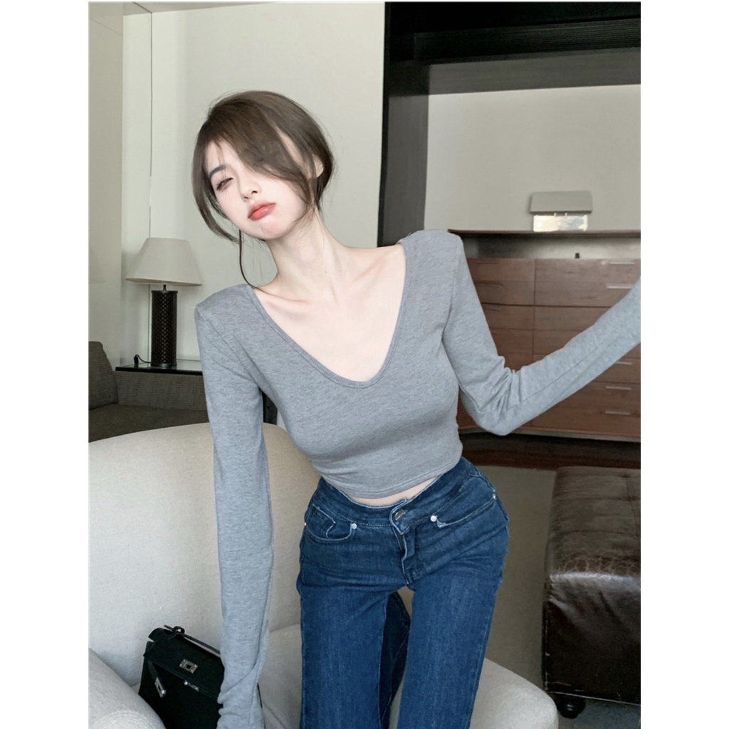 Áo Thun Croptop Tay Dài Cổ Tim_AT Clothing