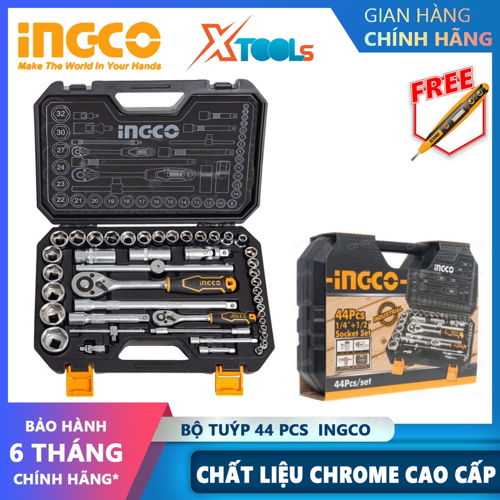 Bộ tuýp 44 chi tiết INGCO HKTS42441 bộ 44 đầu tuýp kèm 2 cờ lê tự động 1/4&quot; và 1/2&quot;, đầu lắc léo 1/4&quot; và 1/2&quot;, đầu tuýp