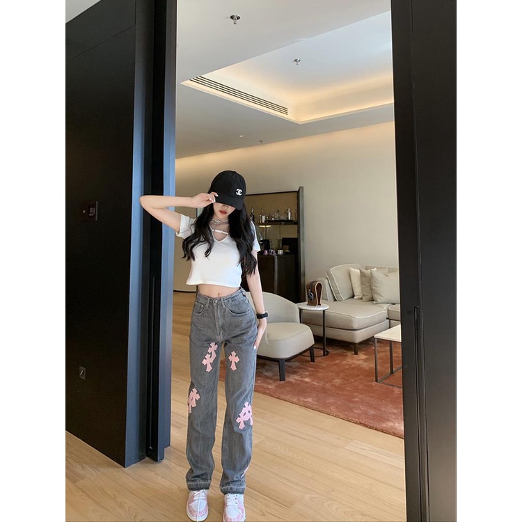 Quần jean ống thẳng dài họa tiết chữ thập màu hồng eo cao cho nữ