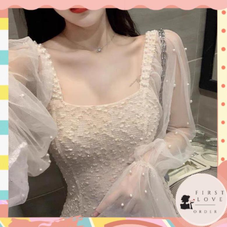 (firstlove ORDER)🖤Đầm tiểu thư tay lưới loe đính ngọc dáng suông Hàn Quốc ulzzang/ Váy xoè vai kết ngọc xinh xắn