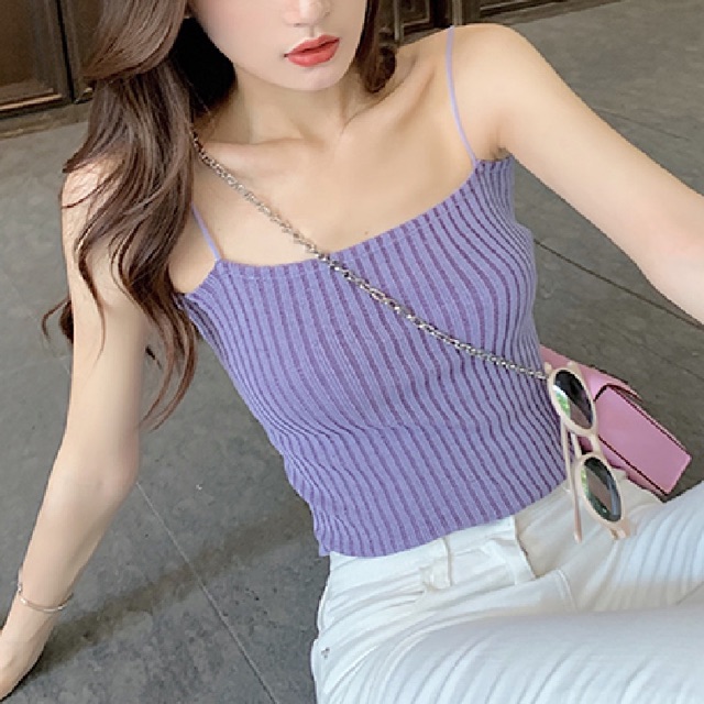 Áo 2 dây bún len sọc croptop