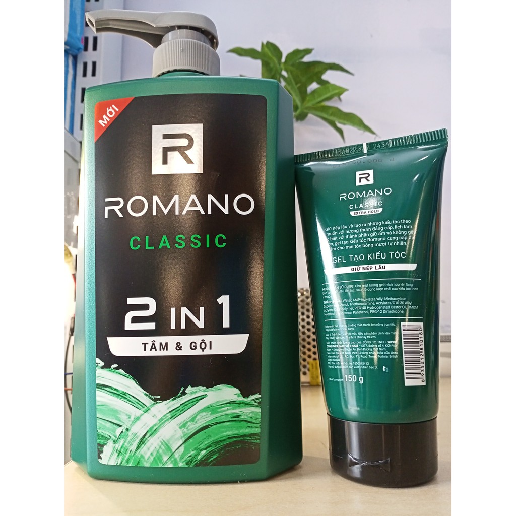 Combo Romano tắm gội 2 in 1 650g + Gel tạo kiểu Romano 150g