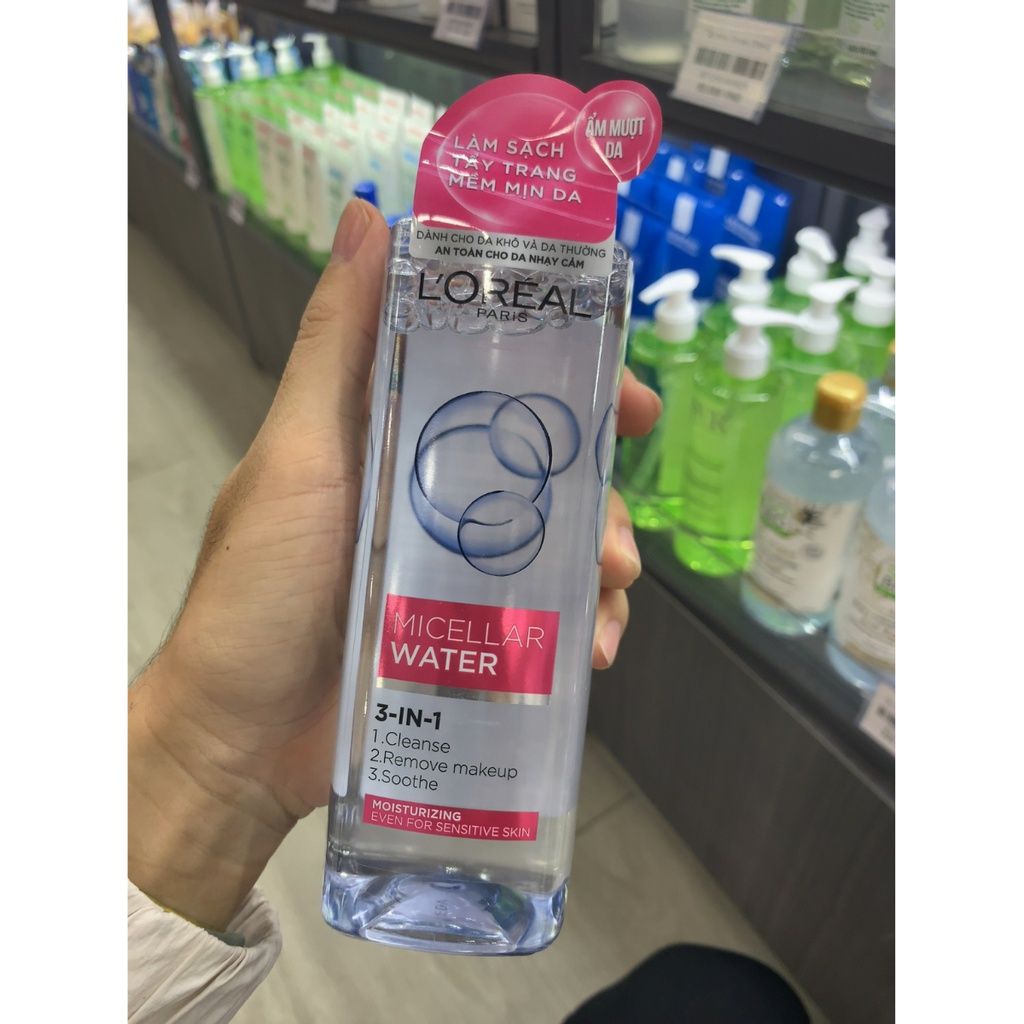 Nước tẩy trang cho da dầu mụn Loreal-L'Oreal Paris 3 in 1 Micellar Water 400ml dưỡng ẩm dịu nhẹ TT03