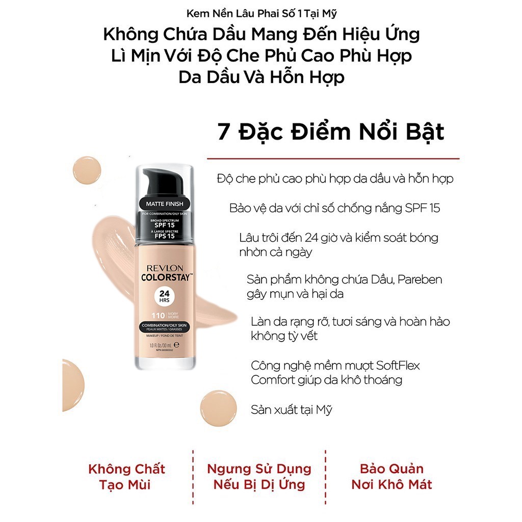 [Mã BMBAU50 giảm 50K đơn 150K] Kem nền kiềm dầu lâu trôi số 1 tại Mỹ Revlon Colorstay 24h SPF 15 30ml