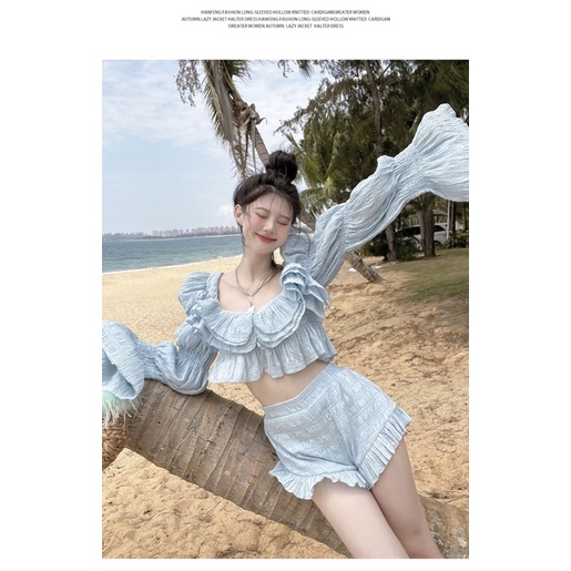 Set áo xanh tay dài bo chun + short tầng
