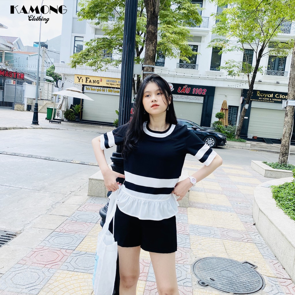 Áo kiểu bèo trắng phối màu KAMONG A016 | BigBuy360 - bigbuy360.vn