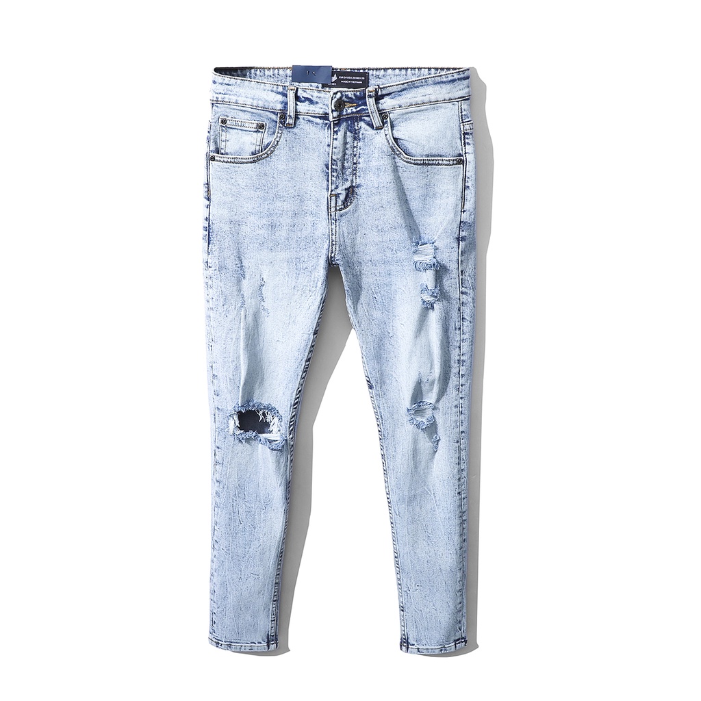 Quần jean nam HEBOZ màu xanh nhạt có rách gối xanh wash đẹp giá rẻ 012 - 00000705