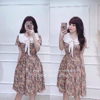 Váy hoa cổ sen thắt nơ - đầm hoa nhí nơ cổ bèo ulzzang