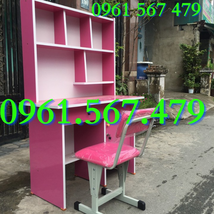 Bàn Học sinh Liền kệ rộng 1m kèm ghế tăng giảm bọc nệm - màu hồng tặng sticker