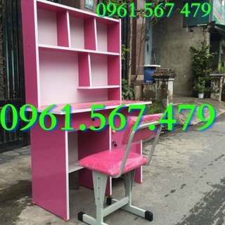 Bàn Học sinh Liền kệ rộng 1m kèm ghế tăng giảm bọc nệm - màu hồng tặng sticker