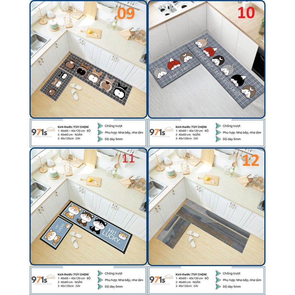 Combo 2 Thảm bếp 3D trang trí nhà bếp phòng ngủ (40*60 + 40*120 cm) cao cấp cao su chống trượt