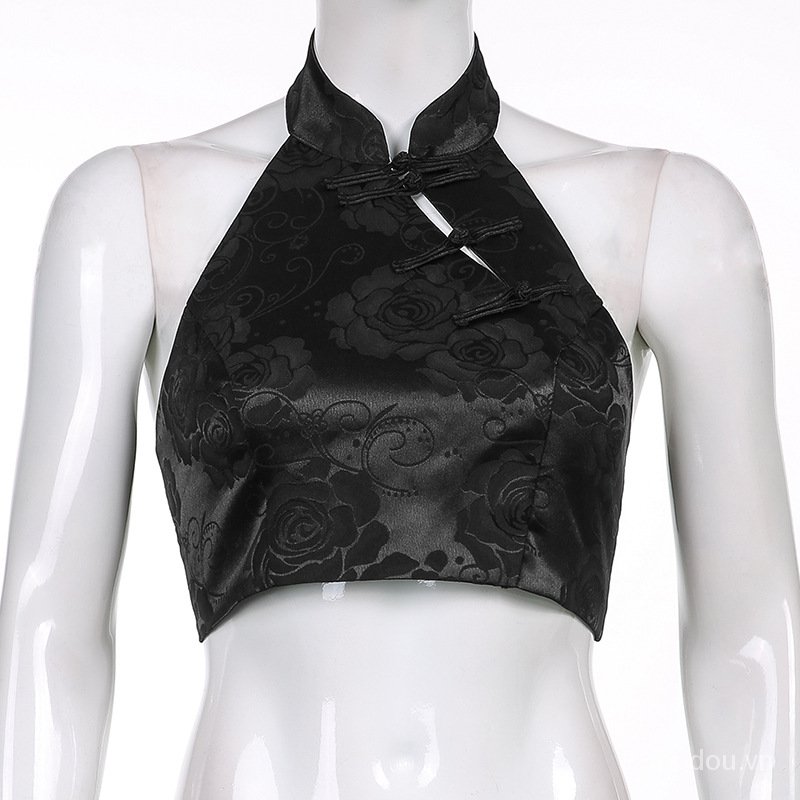 Áo tank top hở lưng thêu hoa hồng phong cách trung hoa dành cho nữ