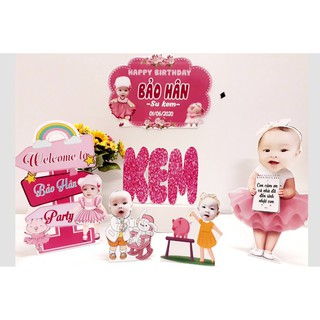 Set chibi để bàn trang trí sinh nhật thôi nôi đầy tháng bé gái hồng kem