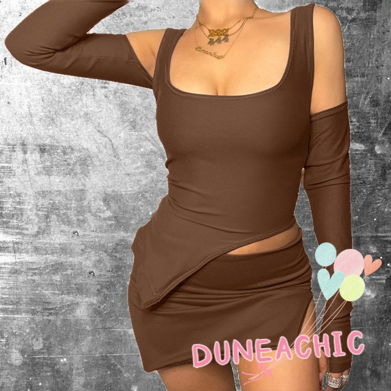 DUNEA Set Áo Tank Top 2 Dây + Chân Váy Màu Trơn Thiết Kế Độc Đáo