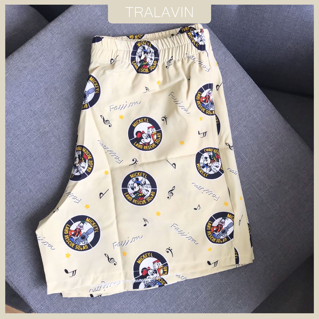 Quần ngủ nam, đồ mặc nhà chất liệu lụa, Mickey màu kem, hoạ tiết hoạt hình dễ thương, Tralavin