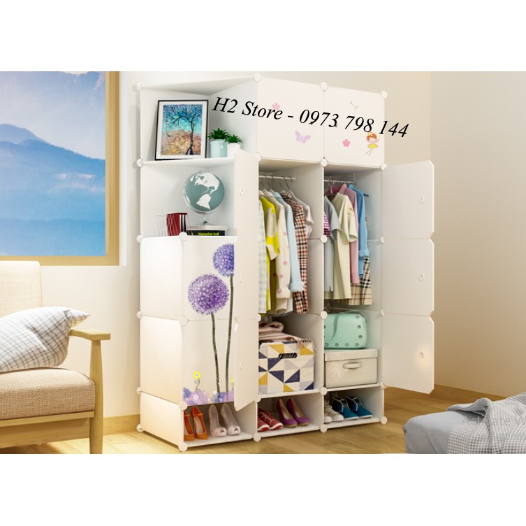 XƯỞNG TỦ NHỰA LẮP GHÉP 12 Ô + 3 GIÀY (GỒM 2 KỆ) CỬA CẨM TÚ CẦU ĐỂ QUẦN ÁO ĐA NĂNG THÔNG MINH