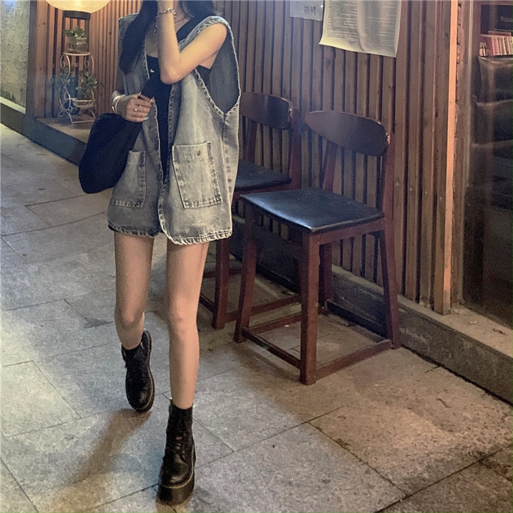 Áo khoác vải denim không tay dáng rộng thời trang retro Hàn Quốc dành cho nữ A1