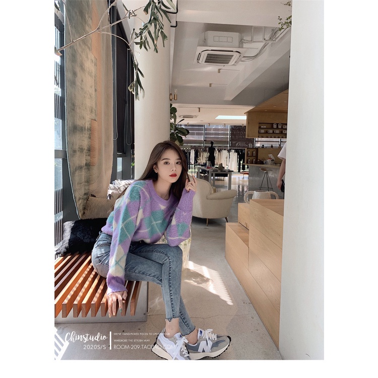 Áo len ngắn dáng rộng tay dài phong cách retro thời trang Hàn Quốc