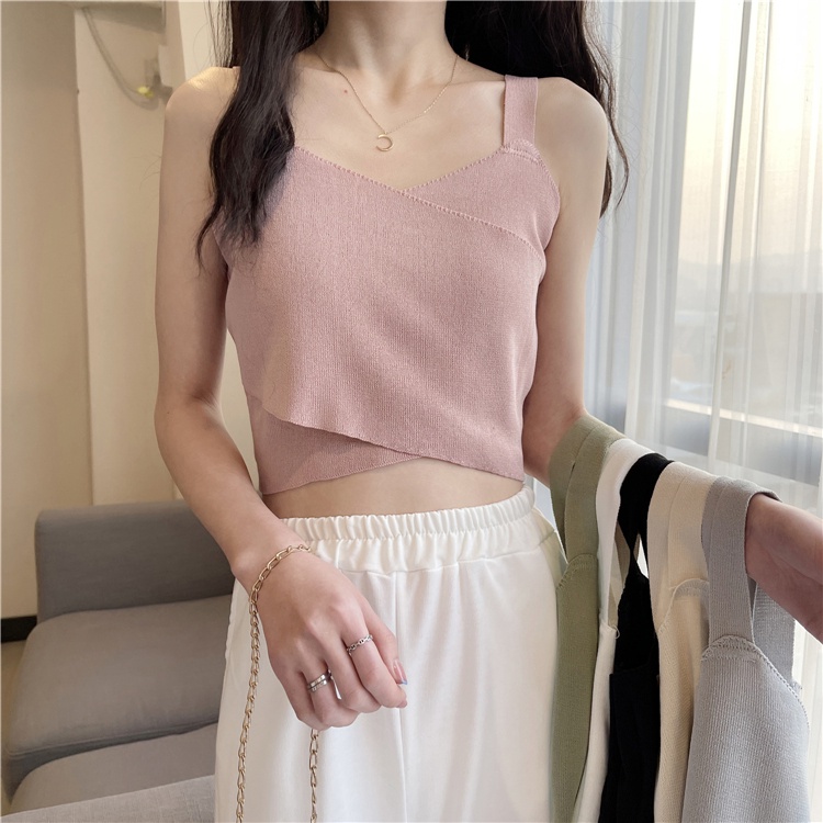 Áo len dệt kim croptop nữ vạt chéo khóa sau chất đẹp, áo 2 dây thời trang thu đông 2022