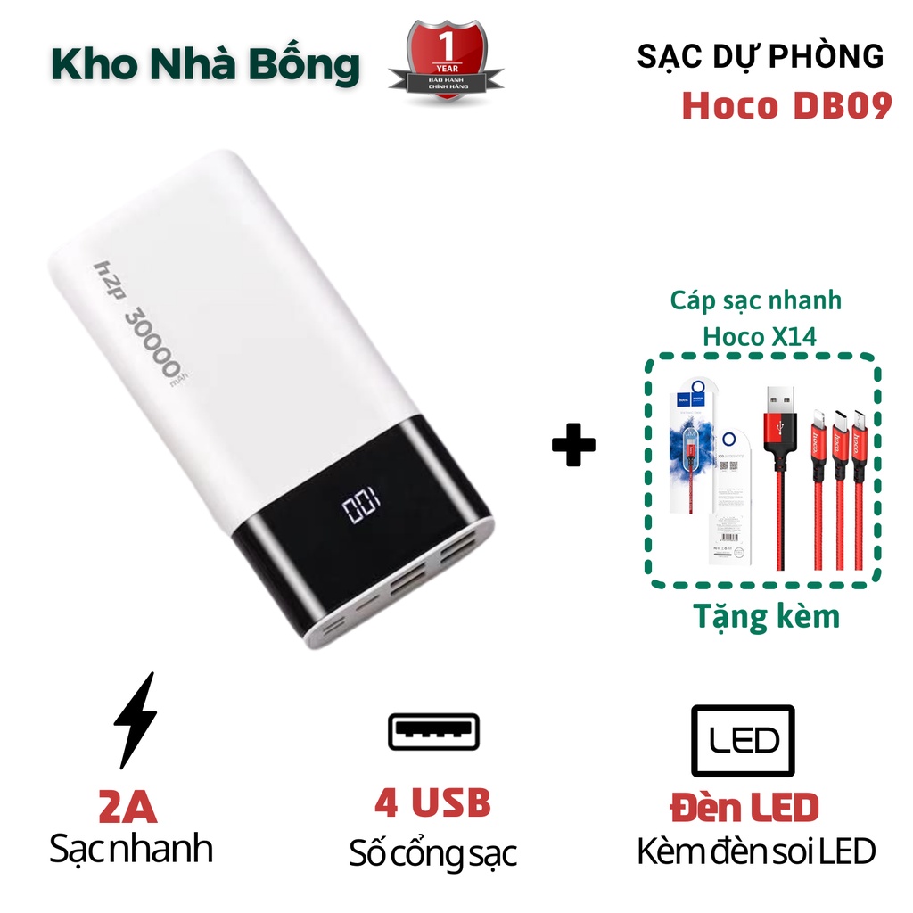 Pin Sạc Dự Phòng Hoco DB09 30000mAh Sạc Nhanh 18W Hỗ Trợ 4 Cổng USB OUT Vật liệu chống cháy ABS + PC