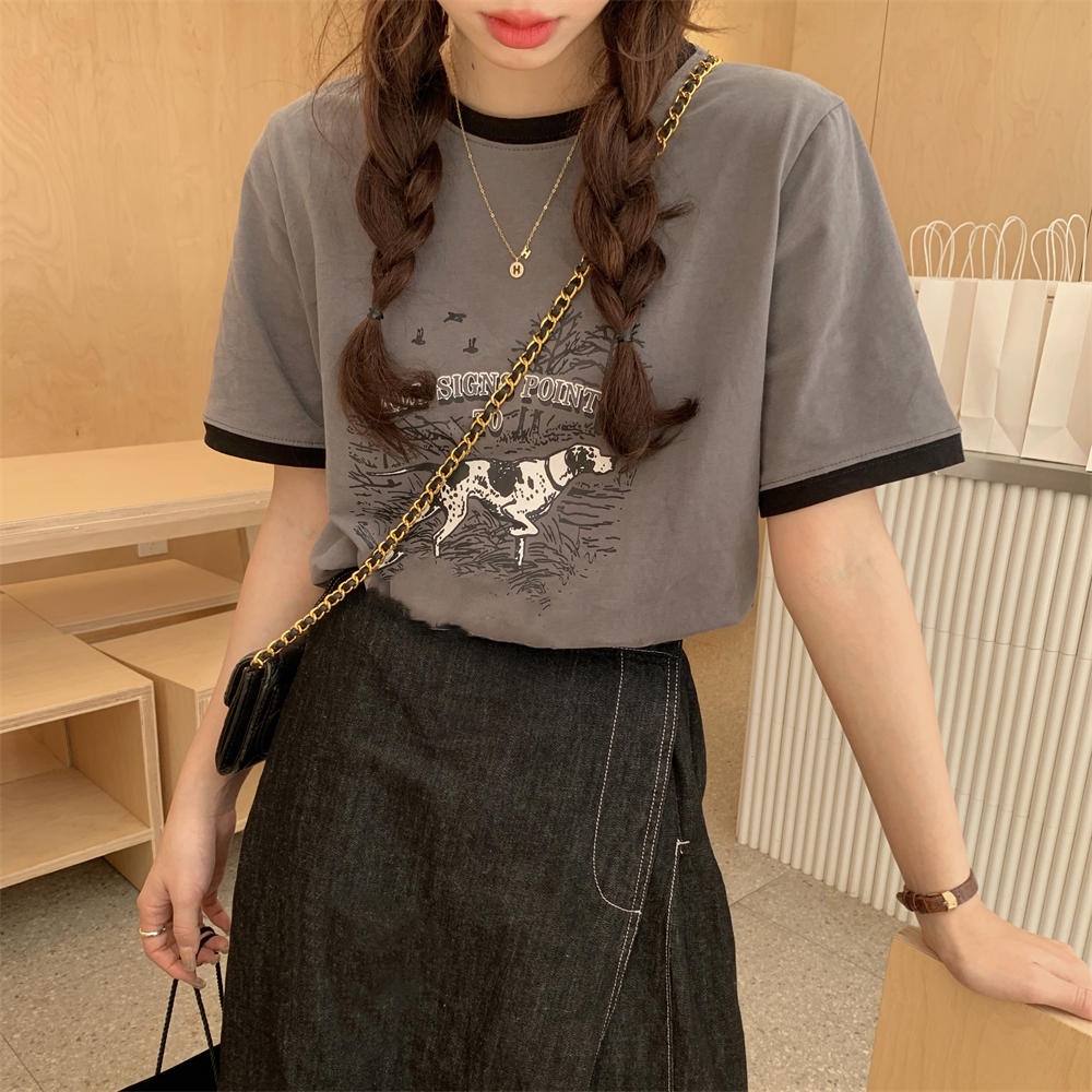Áo Thun Tay Ngắn Cổ Tròn Màu Sắc Tương Phản In Họa Tiết Phong Cách Retro 50889