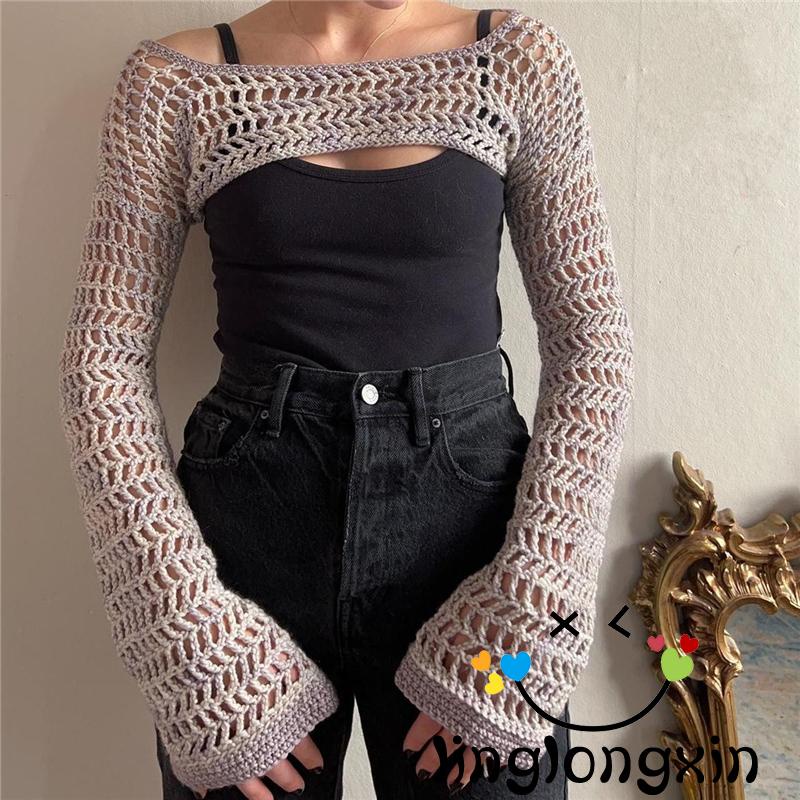 Áo Croptop Dệt Kim Tay Dài Phong Cách Vintage Thời Trang 2000s Linglongxi2-y2k