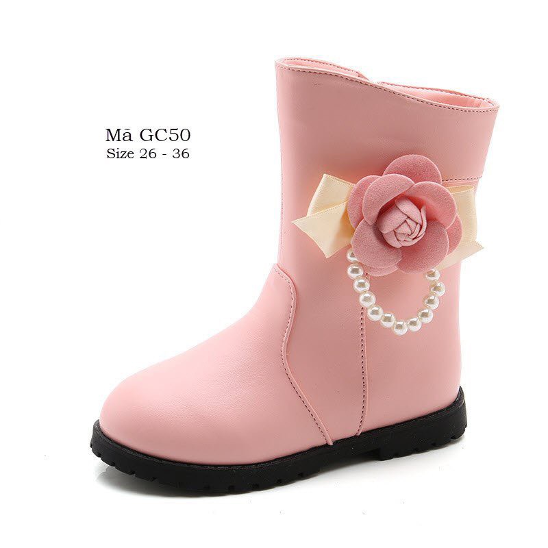 Boot da màu hồng cho bé gái 3 -12 tuổi cao cổ dáng ôm thời trang GC50