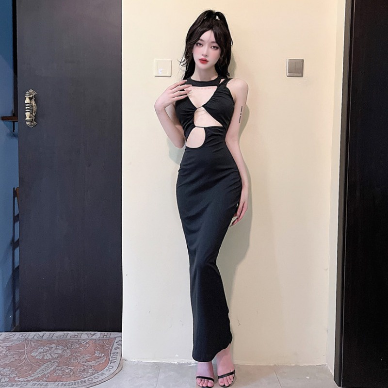 Yujie style sexy hollow-out close-fitting hip-covered black sleeveless dress irregular design dress women's trendy BM84