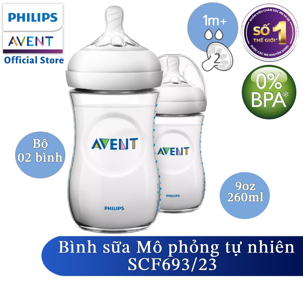 Combo 2 bình sữa Philips Avent bằng nhựa không có BPA (Bình 260ml) thiết kế mô phỏng tự nhiên SCF693/23