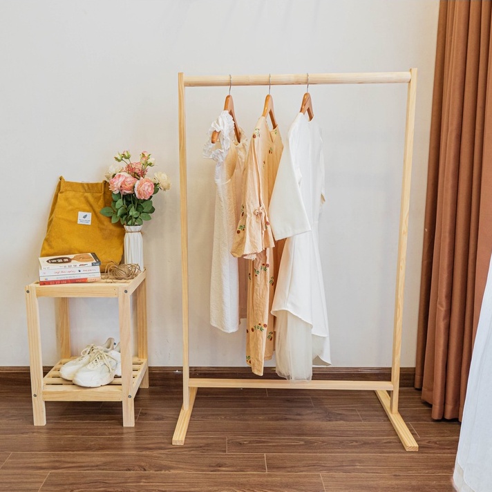 Kệ treo quần áo thanh đơn gỗ thông tự nhiên cao cấp đã xử lý l Kệ thanh đơn gỗ thông cao 1m2, treo đồ chụp mẫu
