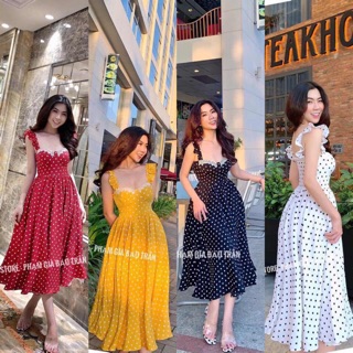 Đầm maxi chấm bi viền ren