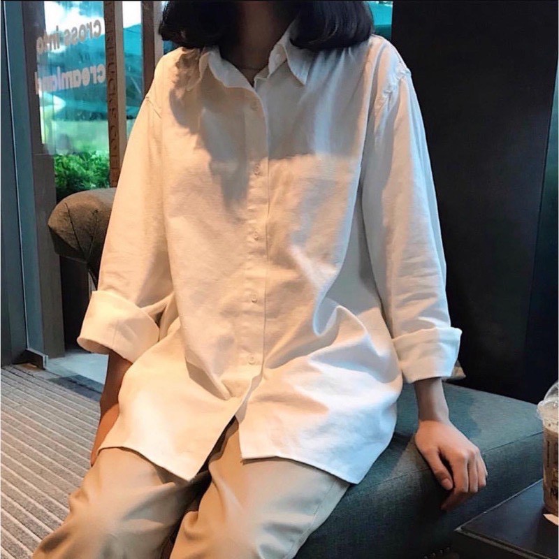 Áo sơ mi nữ dài tay công sở TRƠN Basic Unisex Dáng Rộng Màu Trắng