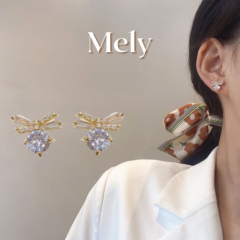 Bông tai nơ đính đá chuôi bạc 925 cao cấp dành cho nữ - Mely VV54