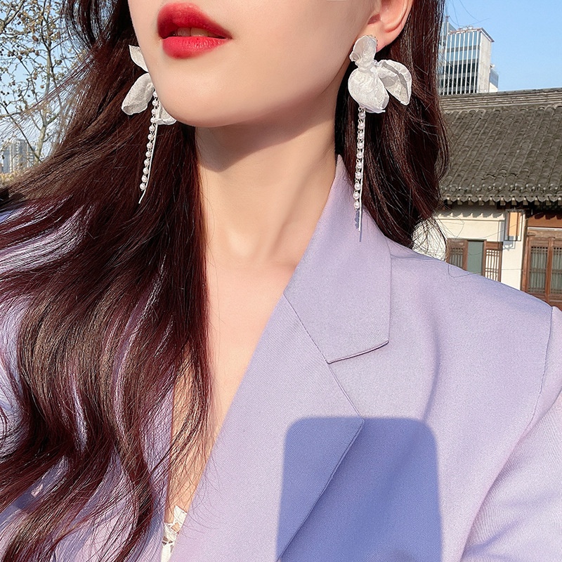 Bông Tai Dáng Dài Đính Nơ Và Ngọc Trai Xinh Xắn Mới