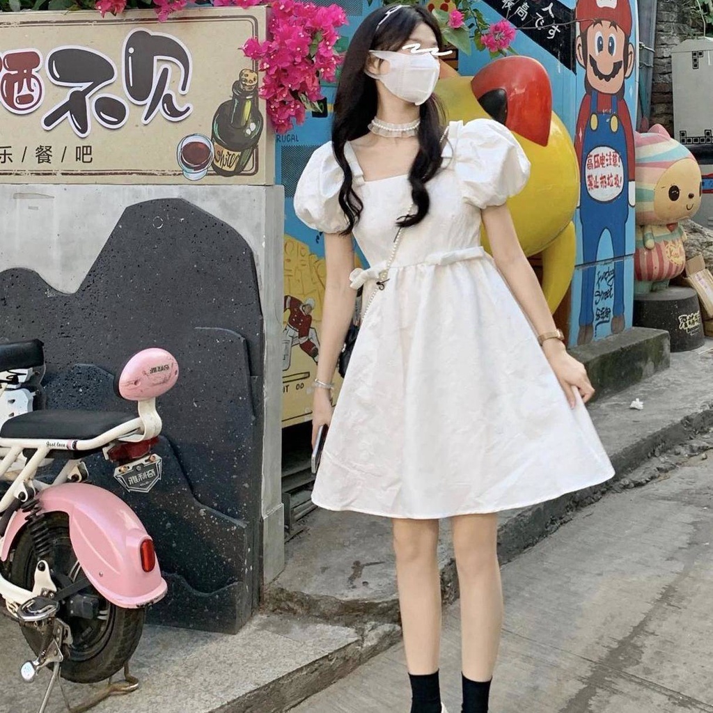 Váy babydoll đầm babydoll Đầm Cổ Vuông Eo Cao Đính Nơ Phong Cách Hàn Quốc Ngọt Ngào Thời Trang Mùa Hè Dành Cho Nữ