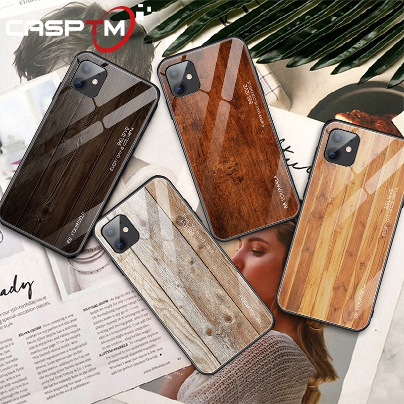 Ốp điện thoại mặt kính cường lực họa tiết vân gỗ kiểu retro sang trọng cho iPhone 11 Pro Max X XR XS Max