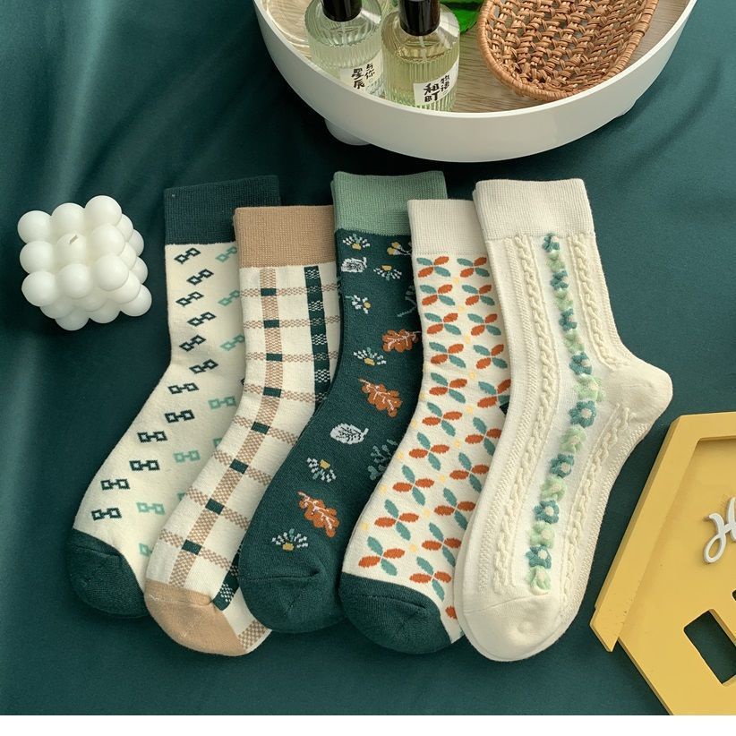 Vớ tất unisex họa tiết chéo, sọc hoa xanh cổ cao