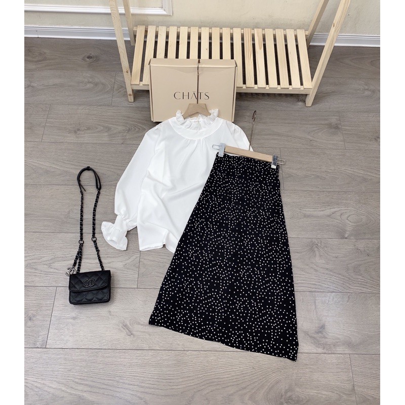 Set áo trắng cổ bèo mix chân váy bi dài (Có ảnh và video thật) | BigBuy360 - bigbuy360.vn