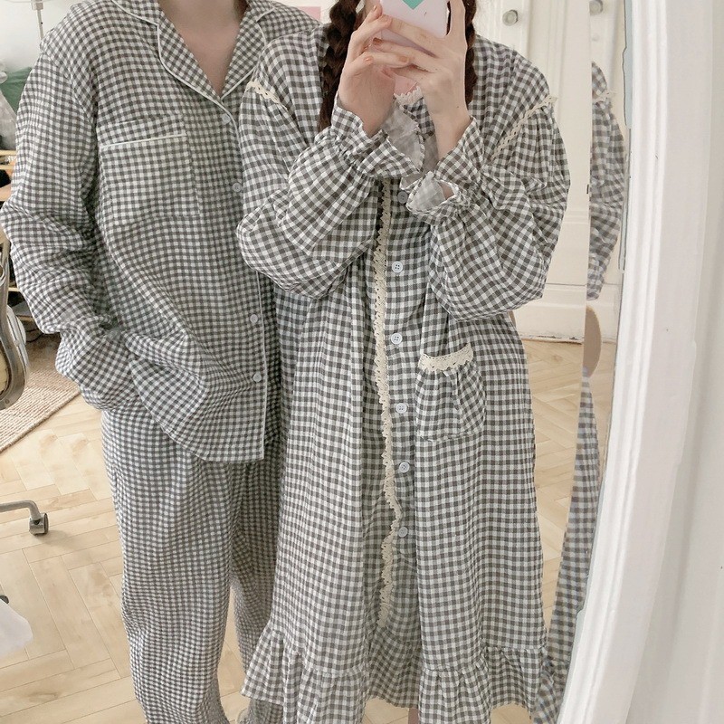 Đồ ngủ couple, váy ulzzang/ pijama nam sọc caro