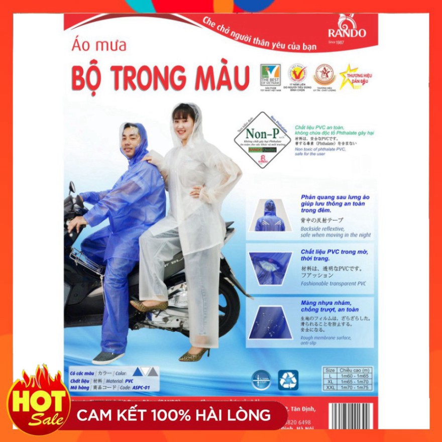 Áo Mưa Rando Chính Hãng, Mua 2 GIẢM 13K, Bộ Quần Áo Đi Mưa Nhựa PVC Trong Màu Chống Thấm Nước, Thời Trang NAM/Nữ