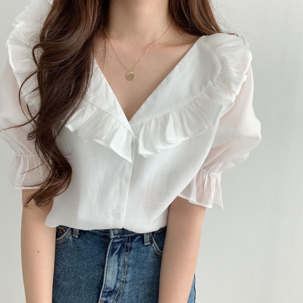 Áo chiffon Cổ Chữ V Tay Phồng Thời Trang Mùa Hè Cho Nữ
