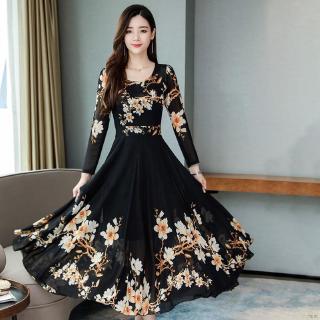 Đầm chữ A tay dài họa tiết hoa sang trọng thanh lịch cho nữ