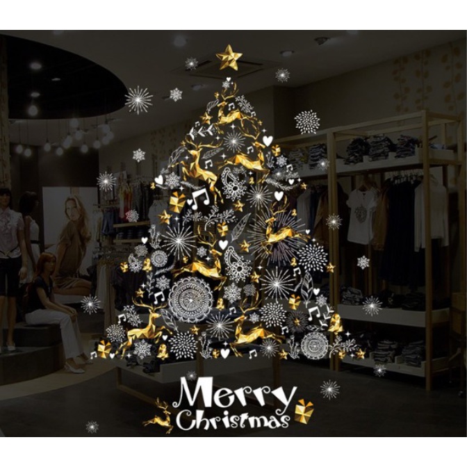 Decal Trang Trí Noel - Cây thông ánh vàng bạc săc nét