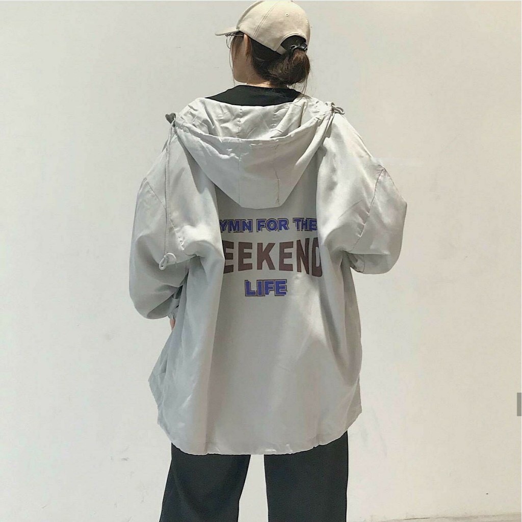 Áo Khoác Dù WEEKEND Unisex (Đen/Xám). Freesize form rộng Nam Nữ